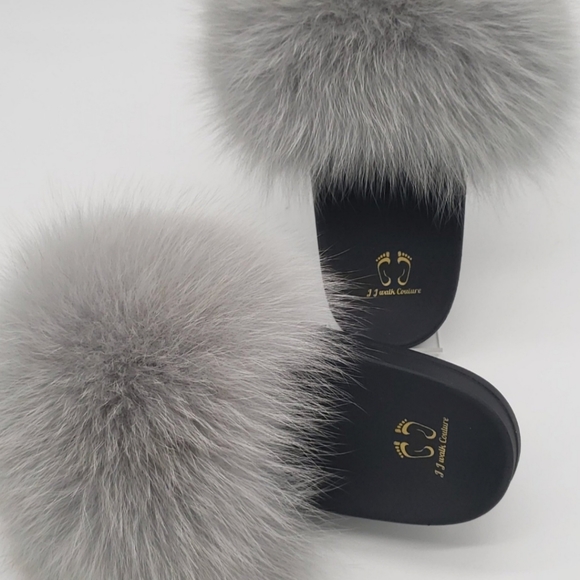 Women 100% Real Fox Fur Slides Grey Slippers In-stock Fast Shipping - Picture 3 of 3